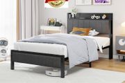 Single Bed Frame with Storage Headboard Shelf, No Box Spring Needed 3ft Upholstered Bed Frame with Heavy Duty Metal Slats, Easy Assembly,Gray, for Small Bedroom, Dorm, Guest Room
