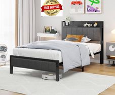 Single Bed Frame with Storage Headboard Shelf, No Box Spring Needed 3ft Upholstered Bed Frame with Heavy Duty Metal Slats, Easy Assembly,Gray, for Small Bedroom, Dorm, Guest Room