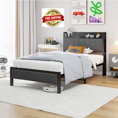 Single Bed Frame with Storage Headboard Shelf, No Box Spring Needed 3ft Upholstered Bed Frame with Heavy Duty Metal Slats, Easy Assembly,Gray, for Small Bedroom, Dorm, Guest Room