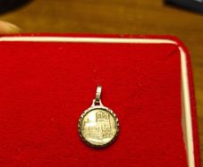 Rare Find: St Christopher and Cathedral Reims medal. Religious silver/ silver toned pendant holy charm medallion.