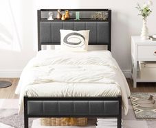 3ft Single Bed Frame With Storage Headboard, Upholstered Platform Bed Frame