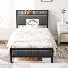 3ft Single Bed Frame With Storage Headboard, Upholstered Platform Bed Frame