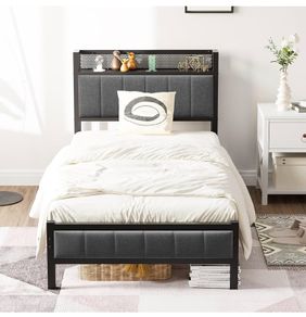 3ft Single Bed Frame With Storage Headboard, Upholstered Platform Bed Frame