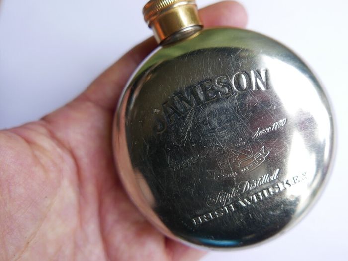 Vintage Jameson  Whiskey Hip Flask Round Flask, Pewter, brass- Screw Top