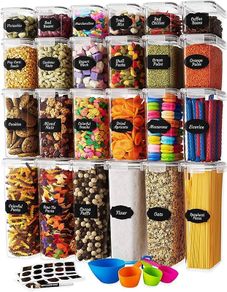 FREE P&P Food Storage Container Set - 24 Piece, Kitchen & Pantry Organization, BPA-Free, Plastic Canisters with Durable Lids Ideal for Cereal, Flour & Sugar - Labels, Marker & Spoon Set