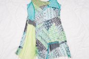 Sophie B Blue Green Abstract Patchwork Sheer Layered Pleated Hem Midi Dress 14UK/42EU
