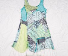Sophie B Blue Green Abstract Patchwork Sheer Layered Pleated Hem Midi Dress 14UK/42EU