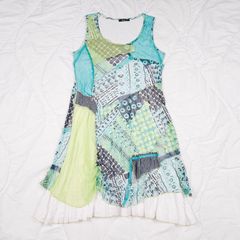 Sophie B Blue Green Abstract Patchwork Sheer Layered Pleated Hem Midi Dress 14UK/42EU