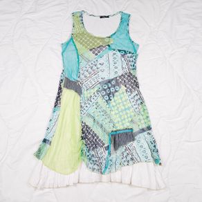 Sophie B Blue Green Abstract Patchwork Sheer Layered Pleated Hem Midi Dress 14UK/42EU