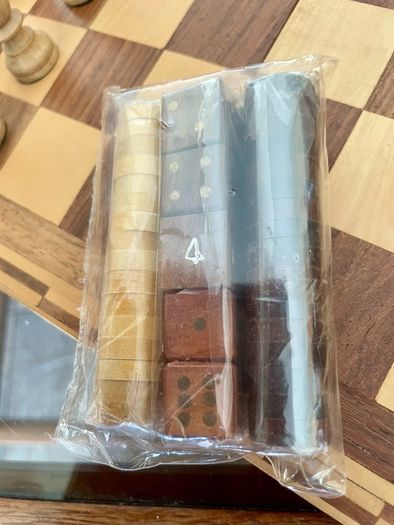 Vintage Marquetry Inlaid Folding Wooden Chess Board Chess Pieces Dice and Counters