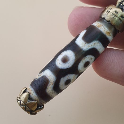 Vintage 6 Eyes Hiamalyan Tibetan Agate Bead Brass Pendant