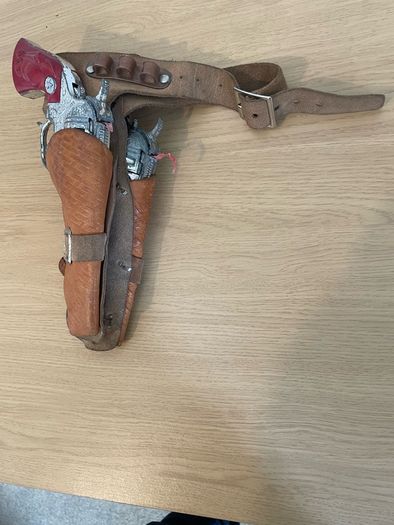 Vintage Lonestar cap guns with caps, leather  holsters with belt with cowboy hat c1960/70s