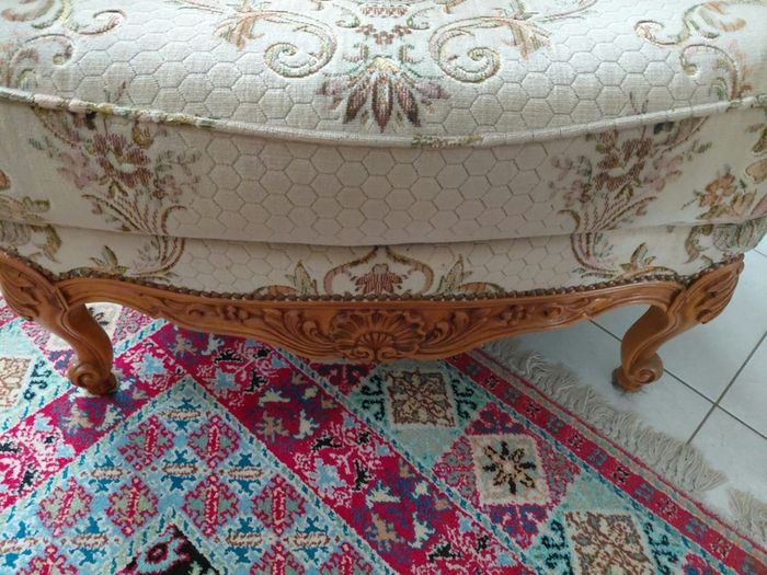 Vintage Louis XV style Chair and rocking footstool beautiful upholstery wood carved framed