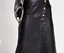 River Island Black Faux Leather Wrap Midi Skirt UK 8 Gold Button Detail