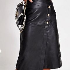 River Island Black Faux Leather Wrap Midi Skirt UK 8 Gold Button Detail