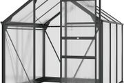 6 x 6ft Polycarbonate Greenhouse, Large Walk-In Green House with Slide Door and Window, Garden Plants Grow House with Aluminium Frame and Foundation, Grey