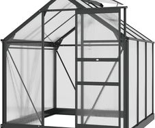 6 x 6ft Polycarbonate Greenhouse, Large Walk-In Green House with Slide Door and Window, Garden Plants Grow House with Aluminium Frame and Foundation, Grey