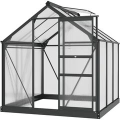 6 x 6ft Polycarbonate Greenhouse, Large Walk-In Green House with Slide Door and Window, Garden Plants Grow House with Aluminium Frame and Foundation, Grey