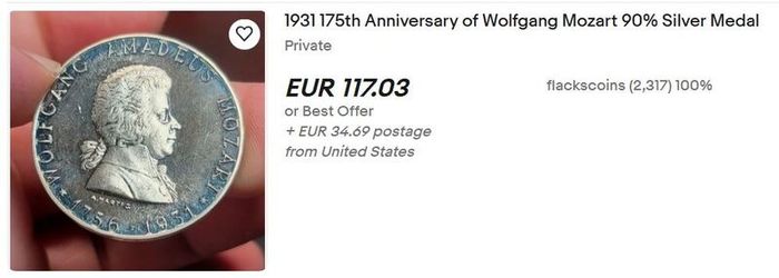 Silver 1931 Wolfgang Amadeus Mozart medal