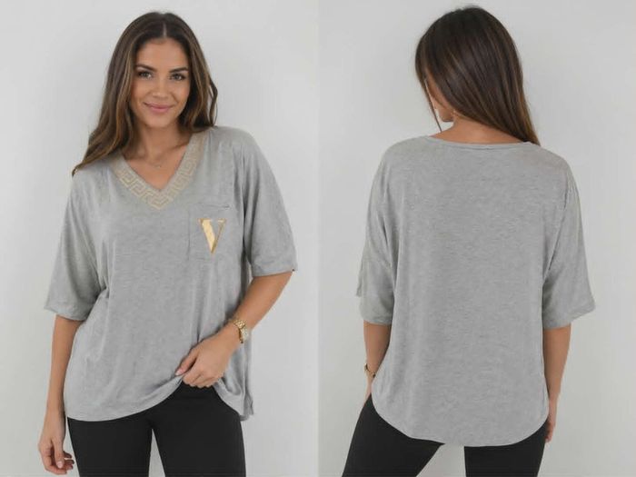 Women's Oversized V-Neck Top with Gold Greek Trim