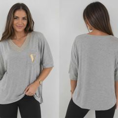 Women's Oversized V-Neck Top with Gold Greek Trim