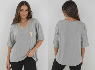 Women's Oversized V-Neck Top with Gold Greek Trim