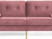 _3-seater sofa, couch for living room, cover made of velvet, for apartments, small rooms, wooden frame, metal legs, simple structure, modern design, 183 x 78 x 88 cm, pink