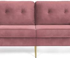 _3-seater sofa, couch for living room, cover made of velvet, for apartments, small rooms, wooden frame, metal legs, simple structure, modern design, 183 x 78 x 88 cm, pink