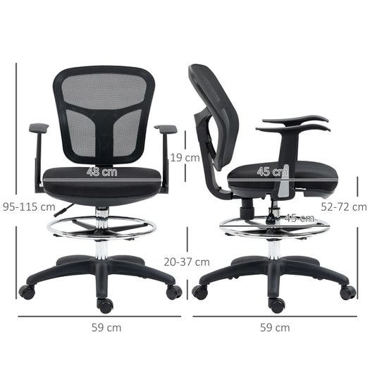Drafting Chair Desk Chair Computer Chair, incl. footrest, height-adjustable, 59 x 59 x 115 cm, Black