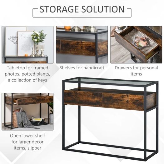 Entryway Console Table Desk with Drawers, Toughened Glass Shelf, 3D Wood Grain (FREE SHIPPING)