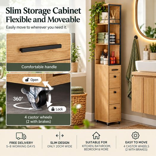 Slim Storage Cabinet with 3 Drawers and Wheels  20cm Narrow Kitchen & Bathroom Storage Unit
