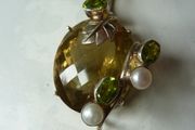 Large Modern Statement Citrine, Peridot &amp; Pearl Pendant with Chain. Sterling Silver