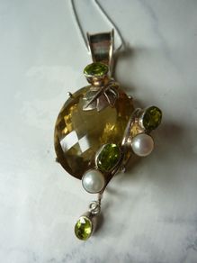 Large Modern Statement Citrine, Peridot & Pearl Pendant with Chain. Sterling Silver