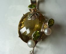 Large Modern Statement Citrine, Peridot & Pearl Pendant with Chain. Sterling Silver