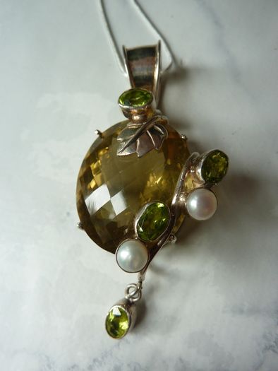 Large Modern Statement Citrine, Peridot & Pearl Pendant with Chain. Sterling Silver