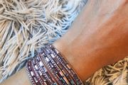 Purple Boho Multi-Layer Leather Bracelet with Rhinestones