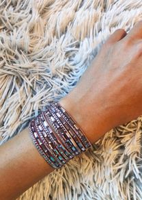 Purple Boho Multi-Layer Leather Bracelet with Rhinestones