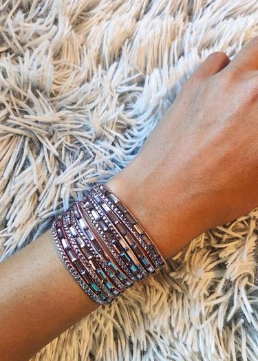 Purple Boho Multi-Layer Leather Bracelet with Rhinestones