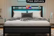 King Size Bed Frame with Upholstered Headboard, Wooden Storage Headboard Shelf, 5ft Upholstered Bed Frame Kingsize with Charging Station/USB Ports and LED Lights (Gray King Bed)