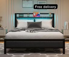 King Size Bed Frame with Upholstered Headboard, Wooden Storage Headboard Shelf, 5ft Upholstered Bed Frame Kingsize with Charging Station/USB Ports and LED Lights (Gray King Bed)