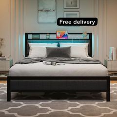 King Size Bed Frame with Upholstered Headboard, Wooden Storage Headboard Shelf, 5ft Upholstered Bed Frame Kingsize with Charging Station/USB Ports and LED Lights (Gray King Bed)