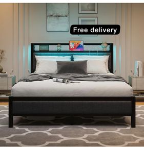 King Size Bed Frame with Upholstered Headboard, Wooden Storage Headboard Shelf, 5ft Upholstered Bed Frame Kingsize with Charging Station/USB Ports and LED Lights (Gray King Bed)