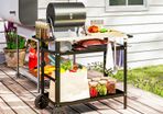 BBQ Trolley with Stainless Steel Top Adjustable Shelf, Outdoor Kitchen BBQ Station with Hooks Seasoning Tray Towel Rack, Pizza Oven Table Movable Outdoor Grill Dining Cart with Cover, Black