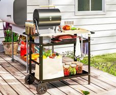 BBQ Trolley with Stainless Steel Top Adjustable Shelf, Outdoor Kitchen BBQ Station with Hooks Seasoning Tray Towel Rack, Pizza Oven Table Movable Outdoor Grill Dining Cart with Cover, Black