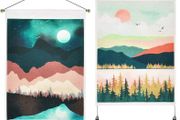 NEW SALE | Set of 2 Japanese Wall Hangings with Tassels, Mountain Forest Sun and Moon Landscape Small Tapestries, Spring Tapestry Wall Art for Bedroom Living Room, 35x50 cm