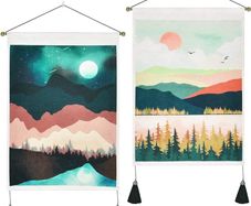 NEW SALE | Set of 2 Japanese Wall Hangings with Tassels, Mountain Forest Sun and Moon Landscape Small Tapestries, Spring Tapestry Wall Art for Bedroom Living Room, 35x50 cm