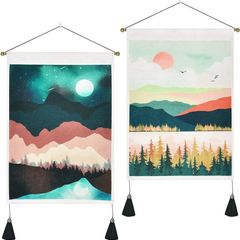 NEW SALE | Set of 2 Japanese Wall Hangings with Tassels, Mountain Forest Sun and Moon Landscape Small Tapestries, Spring Tapestry Wall Art for Bedroom Living Room, 35x50 cm