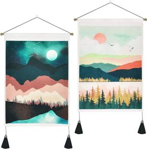 NEW SALE | Set of 2 Japanese Wall Hangings with Tassels, Mountain Forest Sun and Moon Landscape Small Tapestries, Spring Tapestry Wall Art for Bedroom Living Room, 35x50 cm