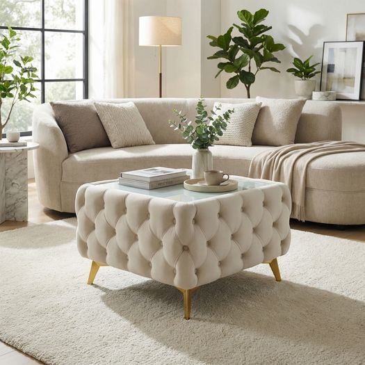 Chesterfield Velvet Square Coffee Table with Glass