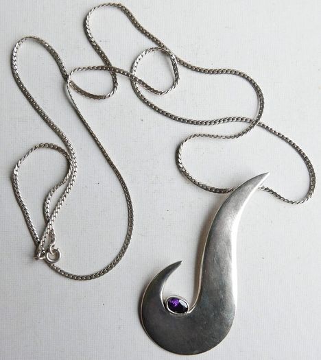 Vintage Sterling Silver 925 Mod Design Blue Purple Drop Pendant Necklace 24" - 13,34g